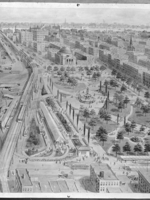 Rendering showing proposed Williamsburg Bridge transit hub and park. H.M. Pettit 1914