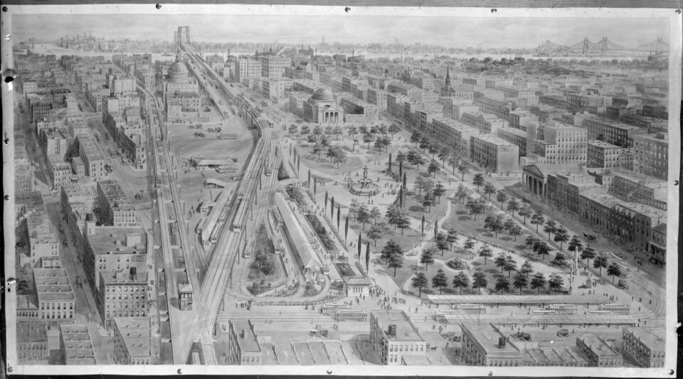Rendering showing proposed Williamsburg Bridge transit hub and park. H.M. Pettit 1914