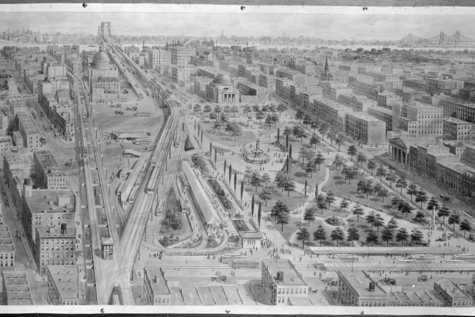 Rendering showing proposed Williamsburg Bridge transit hub and park. H.M. Pettit 1914