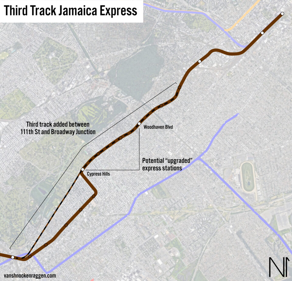 Jamaica Line east of Broadway Junction with added express third track.