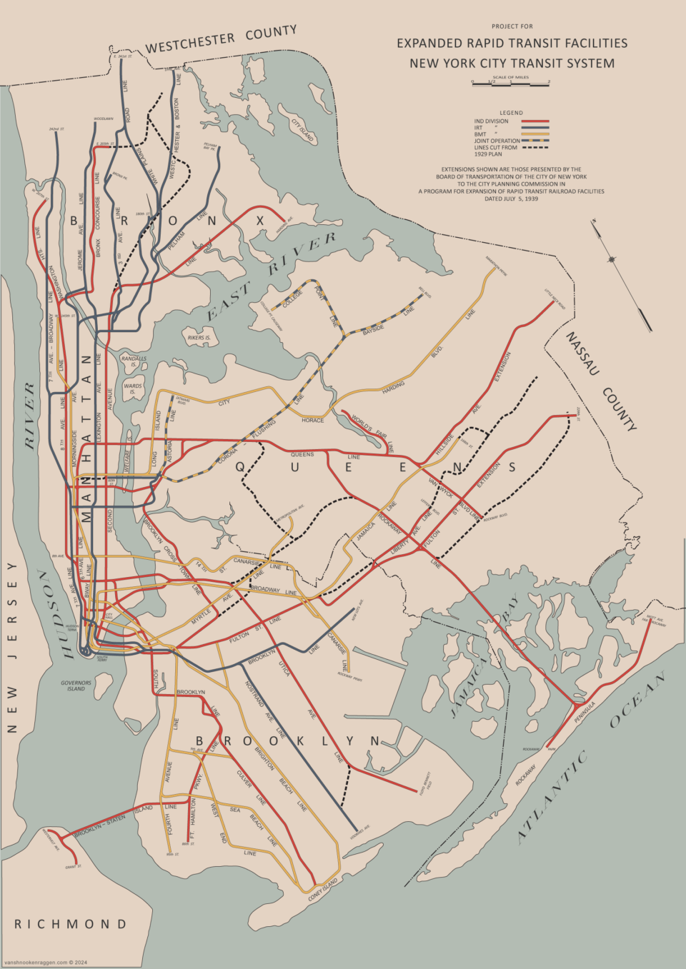 1939 IND Second System. Cut lines from the 1929 plans are shown as black dashes.