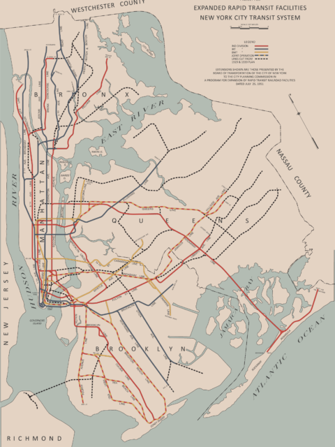 1939 IND Second System. Cut lines from the 1929 and 1939 plans are shown as black dashes.