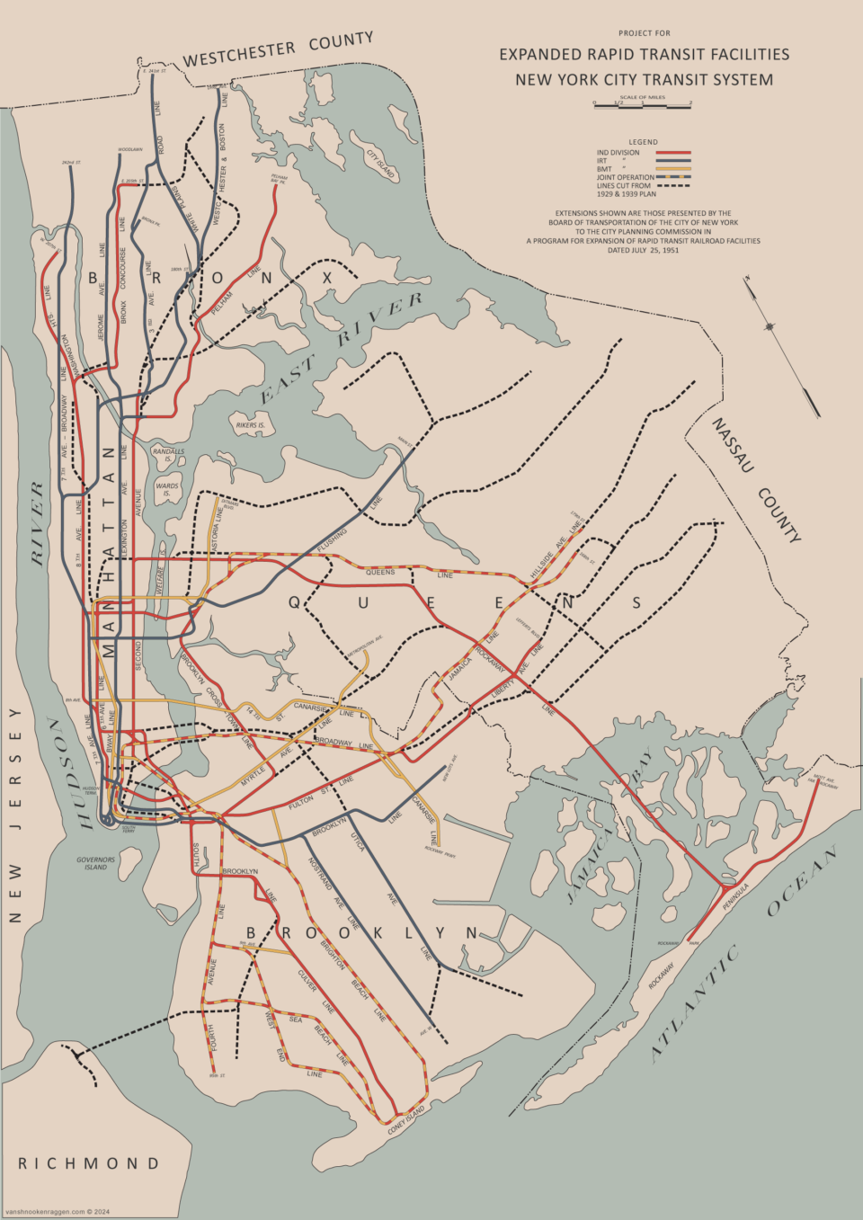 1939 IND Second System. Cut lines from the 1929 and 1939 plans are shown as black dashes.