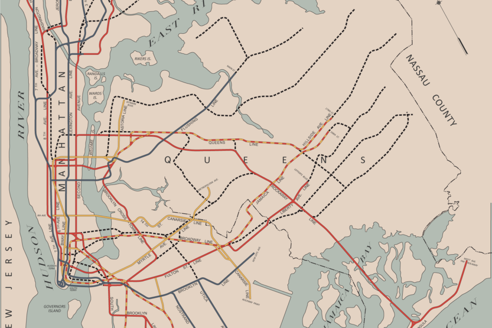 1939 IND Second System. Cut lines from the 1929 and 1939 plans are shown as black dashes.