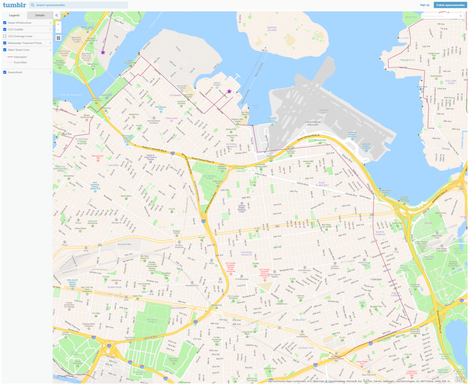Map of Queens, showing the interceptor sewer encircling the borough.