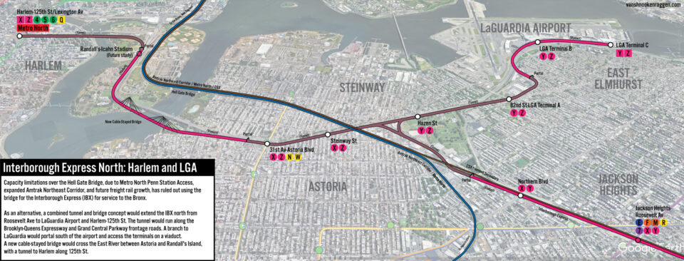 Birds-eye view of IBX extension north to Harlem and LGA.