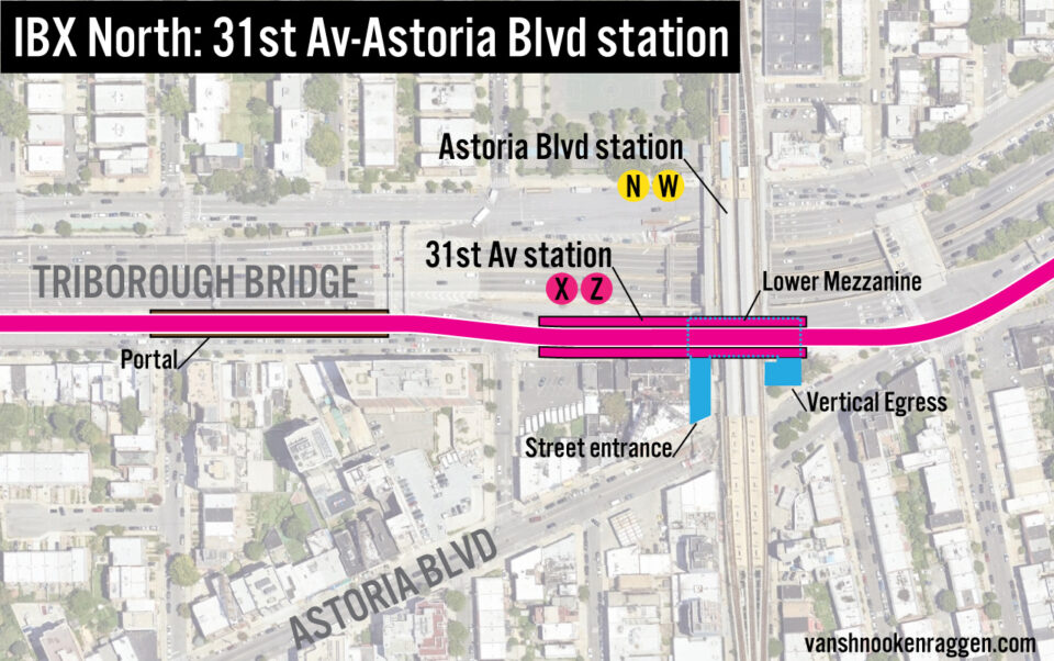 Overview of the proposed 31st Av-Astoria Blvd station complex. Dashed lines are the outline of the lower-level mezzanine, connecting to the vertical access connection with the existing elevated line (blue).