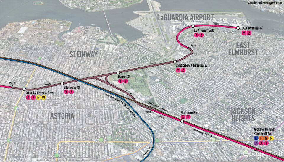 Birds-eye view of IBX extension north to Harlem and LGA. Close up on Randall's Island with new bridge.
Birds-eye view of IBX extension north to Harlem and LGA.