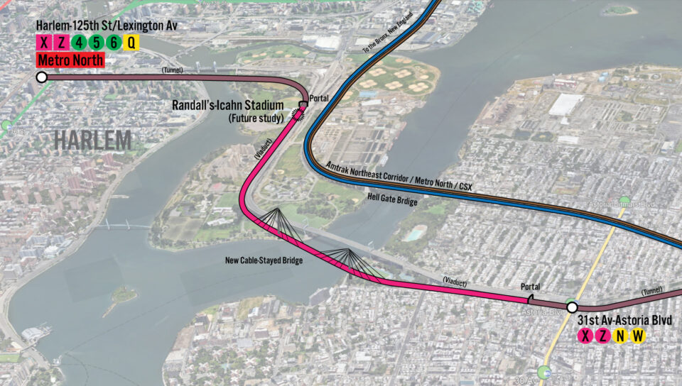 Birds-eye view of IBX extension north to Harlem and LGA. Close up on Randall's Island with new bridge.
Birds-eye view of IBX extension north to Harlem and LGA. Close up on Randall's Island with new bridge.