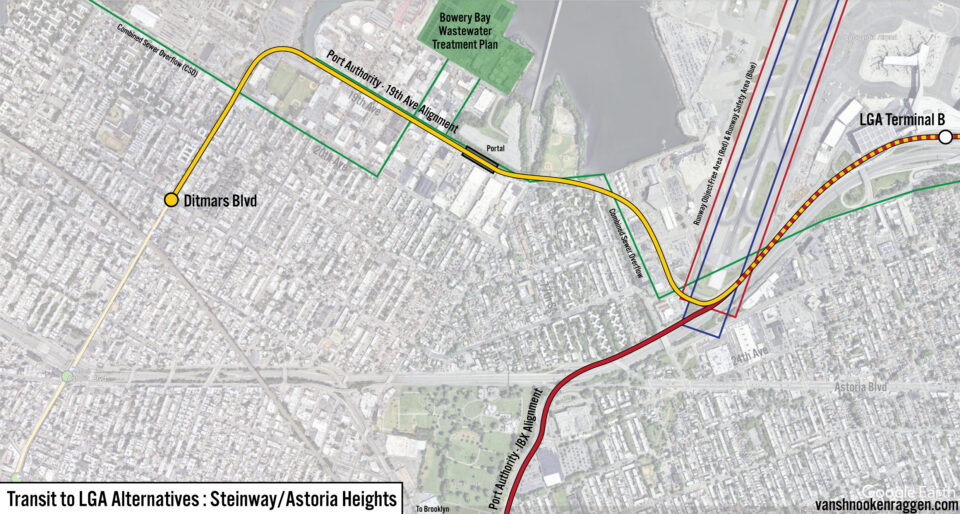 Map showing how the PANYNJ routed both a NYCT subway and light rail line along an "unbuildable" route.