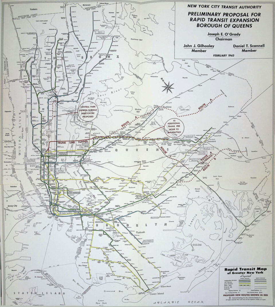 Map showing the proposed 76th St Tunnel and other expansion proposals from 1963.