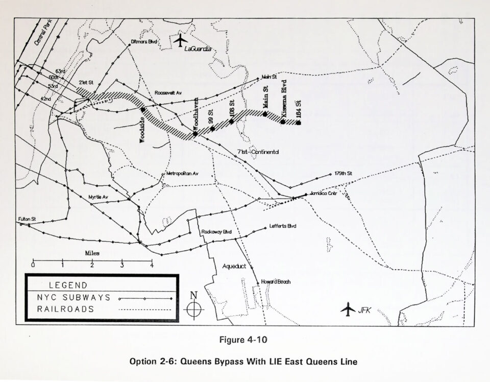 Map showing a proposed LIE East Queens Line. From the UMTA Report on Queens Transit