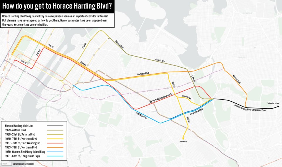 Map showing all the proposed routes for a subway along Horace Harding Blvd/Long Island Expy.
