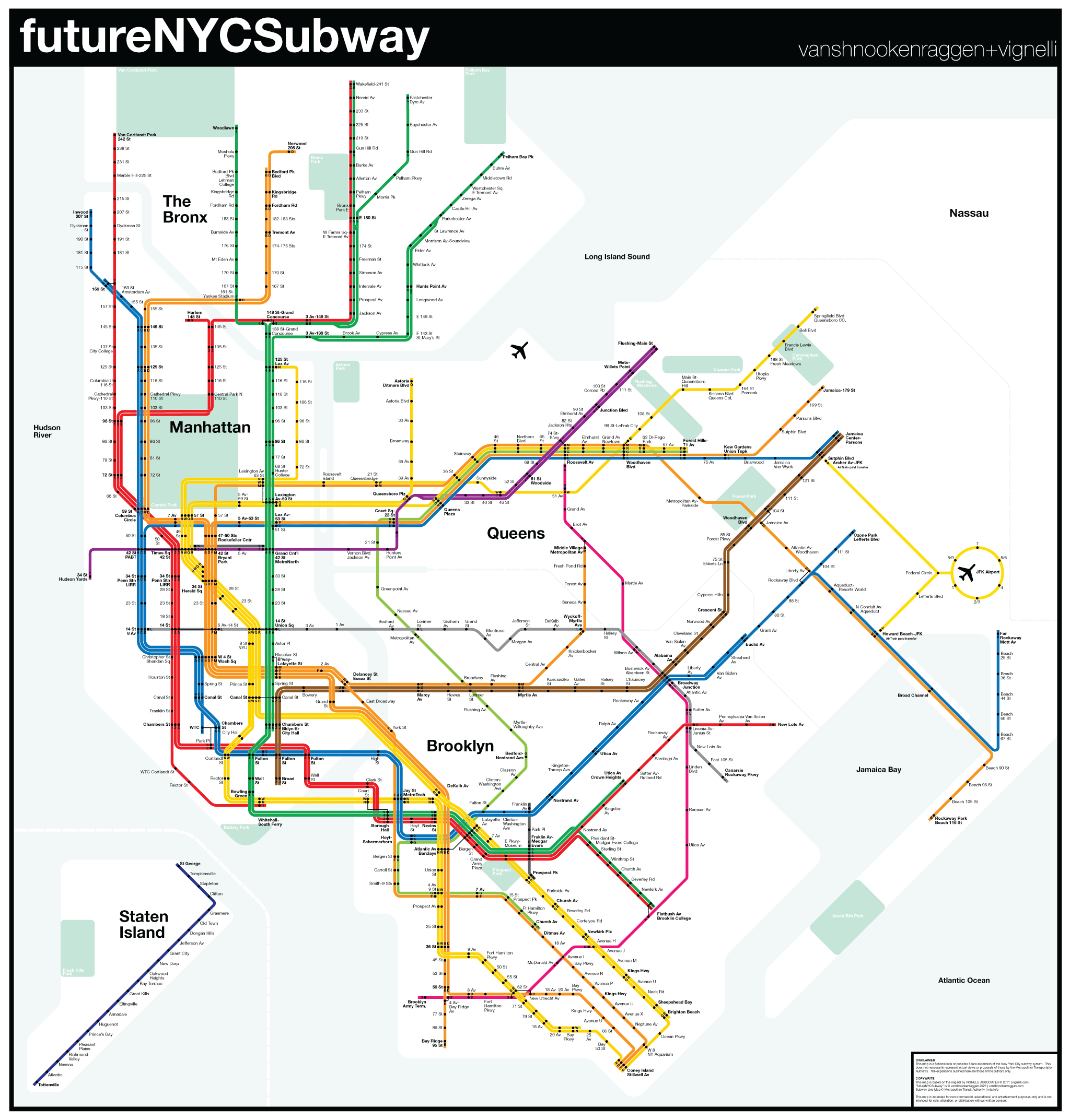 MTA service map showing how the LIE Line would work within the subway. This map assumes a number of other projects will be built before the LIE Line, including Second Ave Phase 2, the IBX, and QueensLink.