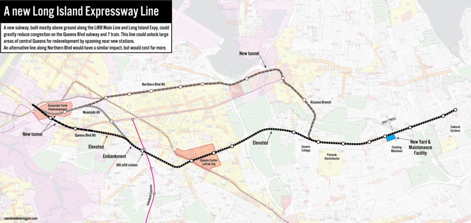 Map showing the proposed New LIE Line through Queens, with alternative alignments.