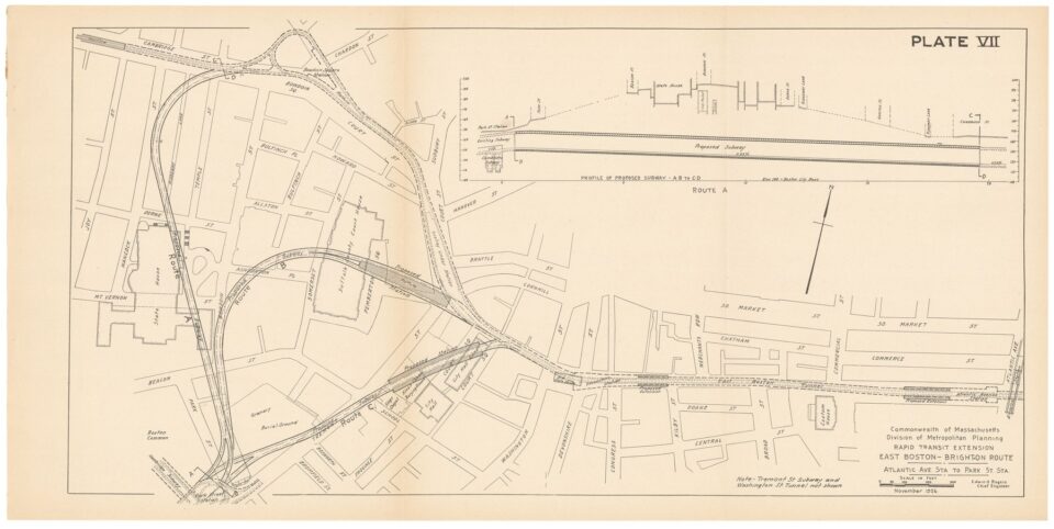 Map showing the proposed Blue Line connection to the Green Line at Park St. 1926. Source Boston in Transit