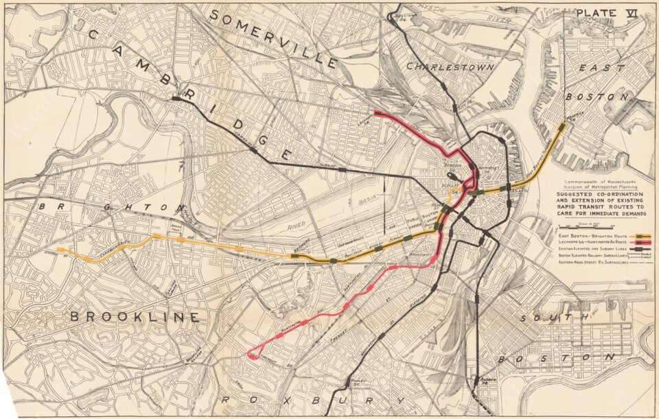 Map of the proposed combined and reconfigured Green and Blue Lines. 1926. Source Boston in Transit
