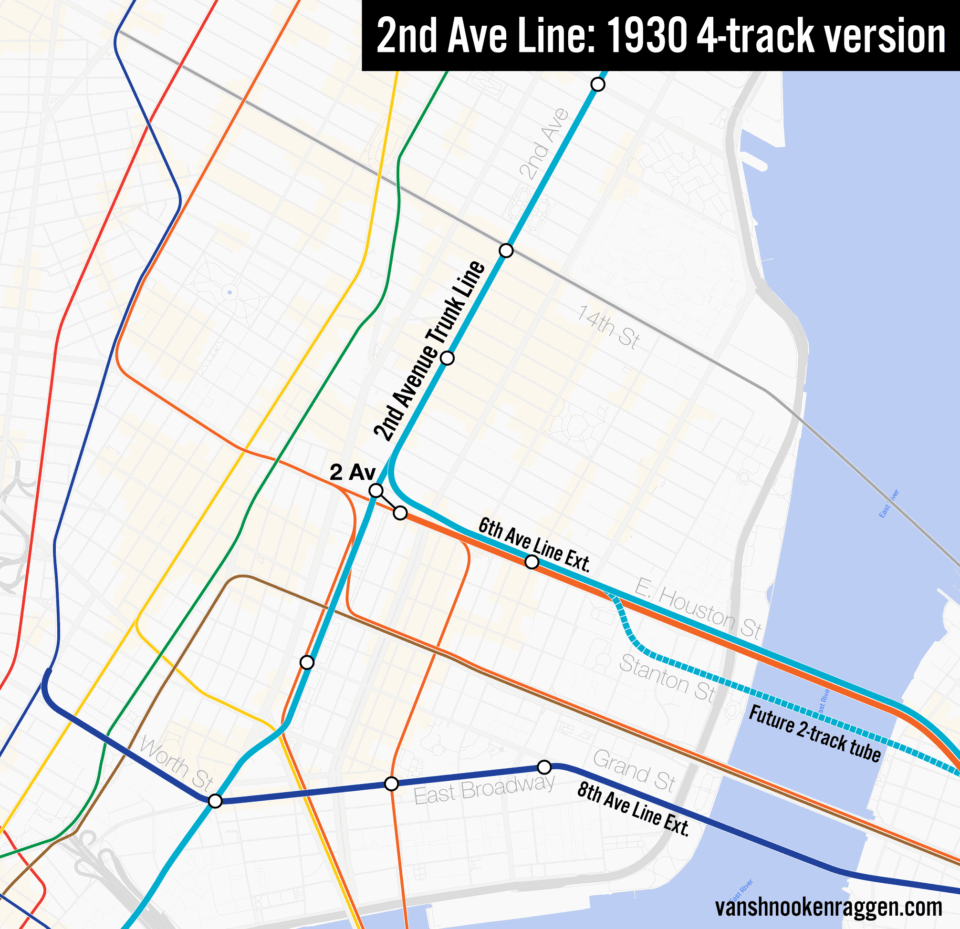 1930 plans for the South 4th St Line and 4-track 2nd Ave Subway to Brooklyn.