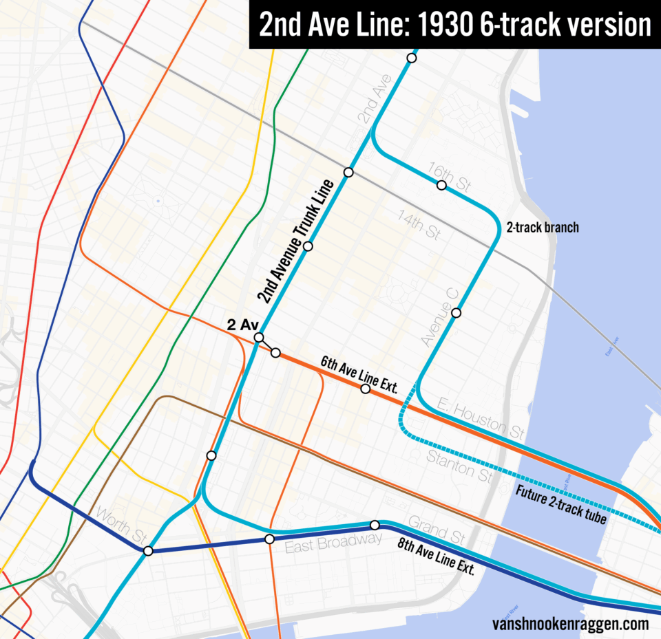 1930 plans for the South 4th St Line and 6-track 2nd Ave Subway to Brooklyn.