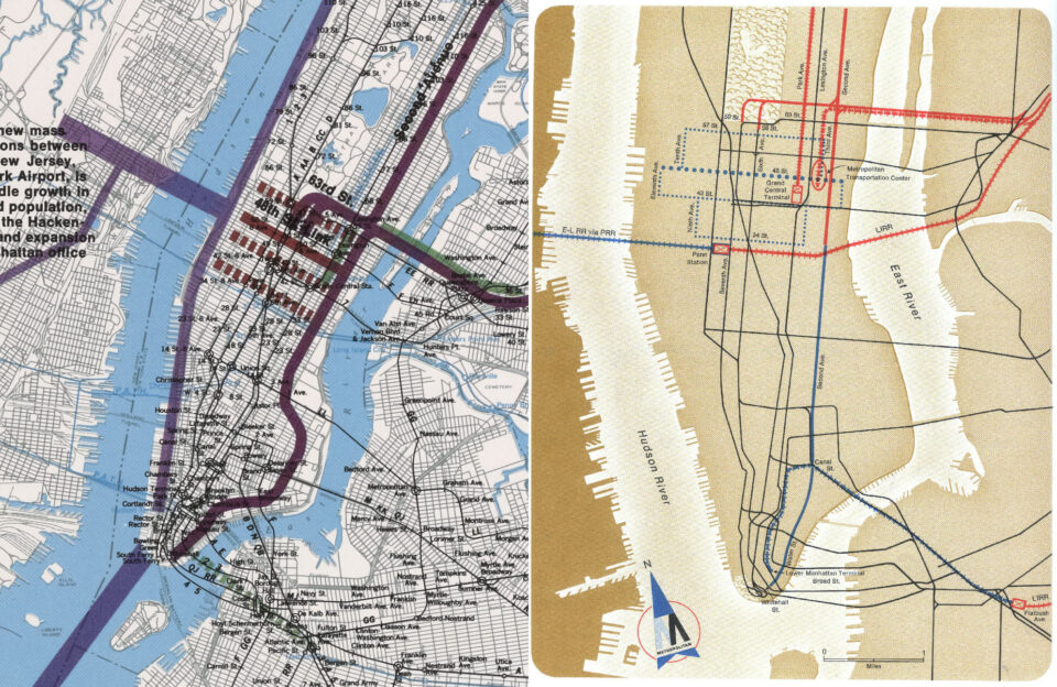 NYC Planning map on the left, showing 2nd Ave bending through the LES. MTA Program for Action map on the right with a straight 2nd Ave Line. 1969.